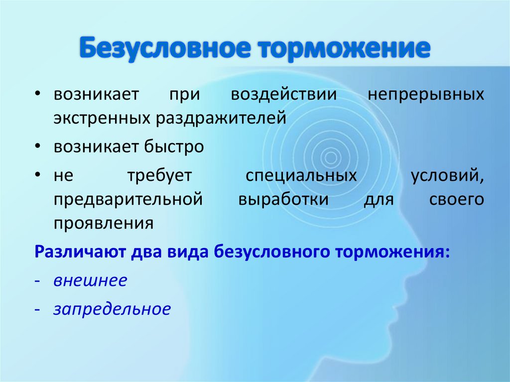 Торможение. Безусловгое торможения. Условное и безусловное торможение. Безусловное внешнее торможение пример. Безцслоыное торсодение.