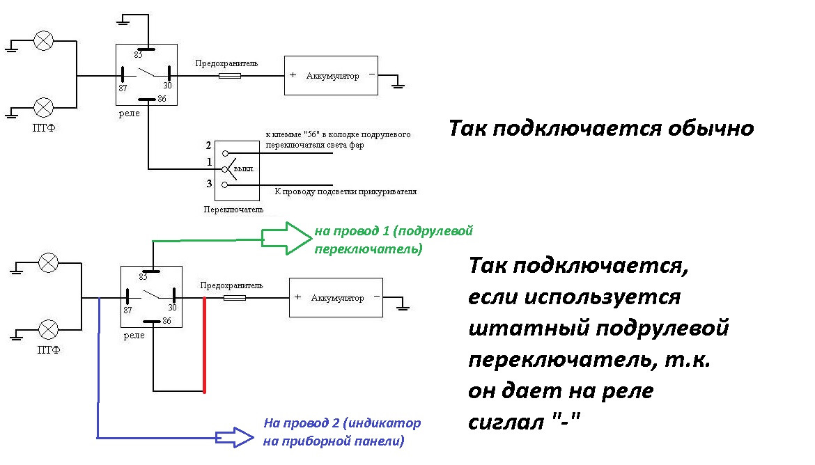 Подключение галогенок через реле схема